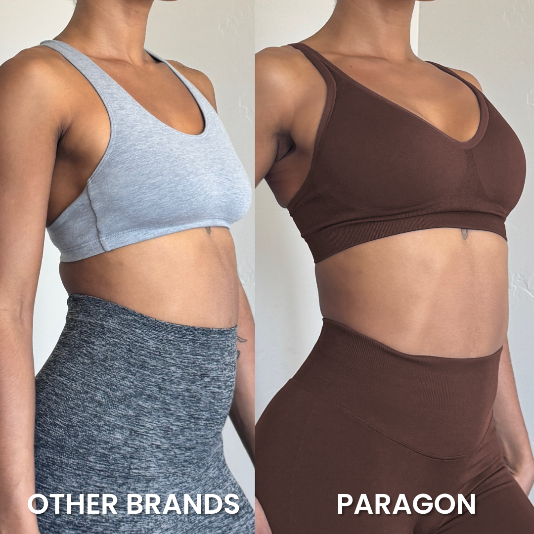 Comparison of two sports bras: one gray, one brown, labeled 'Other Brands' and 'Paragon'.