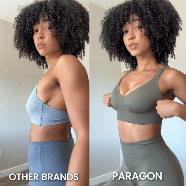 Woman comparing fit of two different sports bras, labeled 'Other Brands' and 'Paragon.'