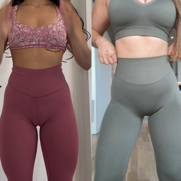 Person adjusting high-waisted olive workout leggings with matching top.