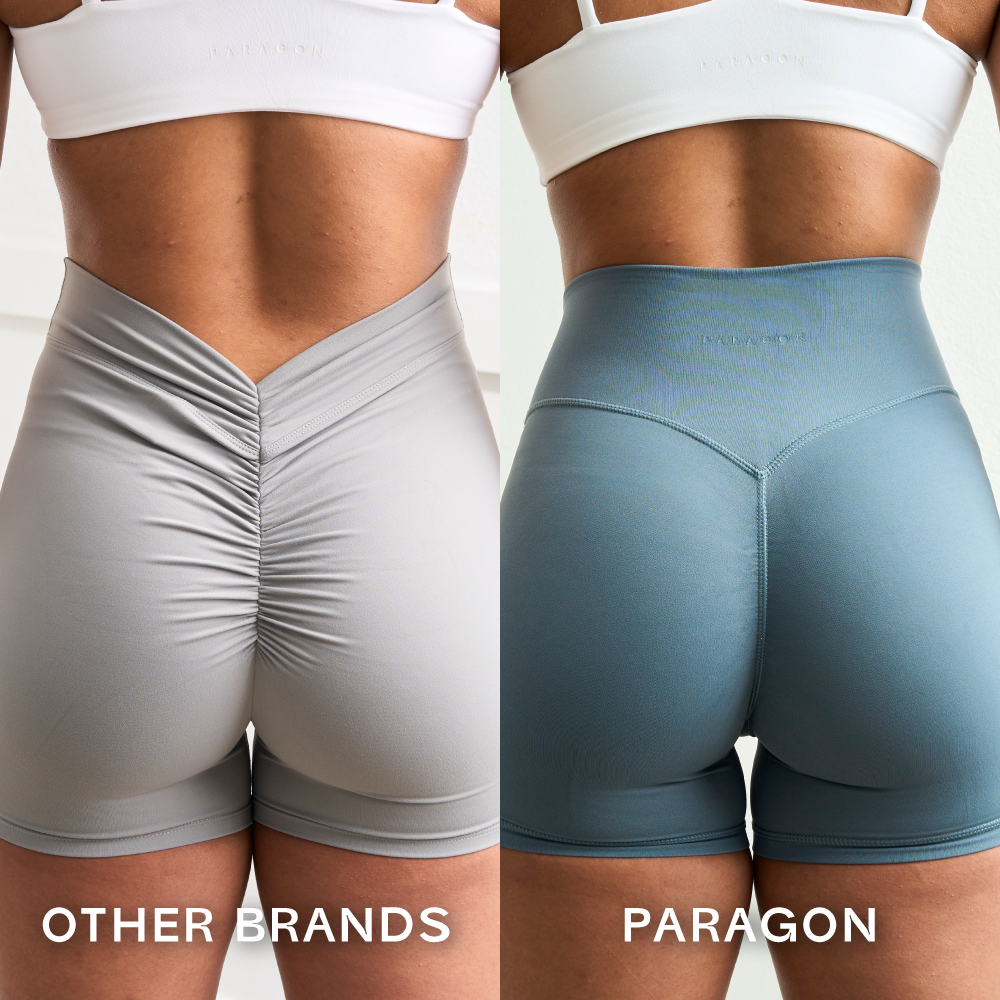 Comparison of two athletic shorts on a person, labeled 'Other Brands' and 'Paragon.'