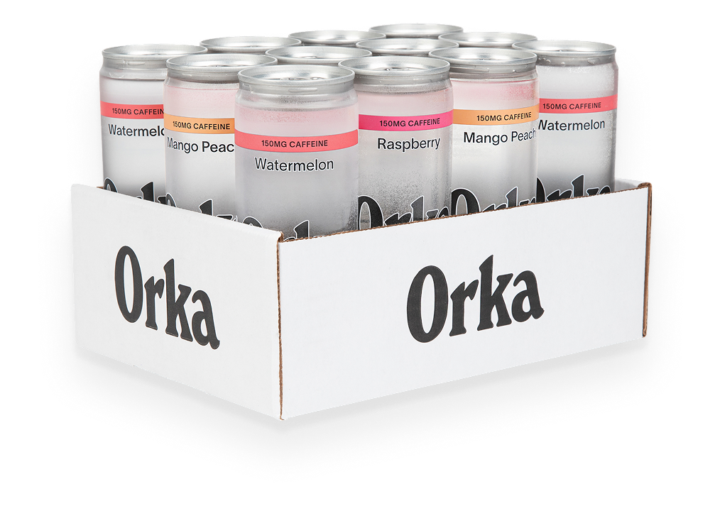 A 12-pack of assorted Orka caffeinated drinks in a white branded box against a white background.