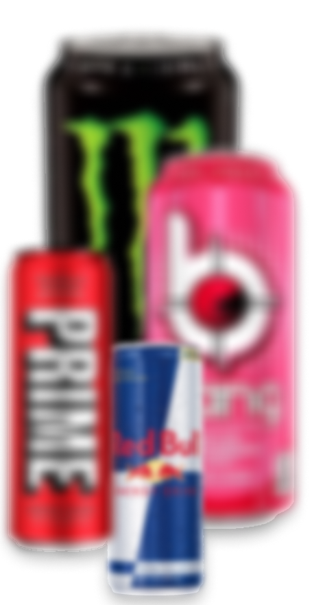 Four energy drink cans with different designs and colors.