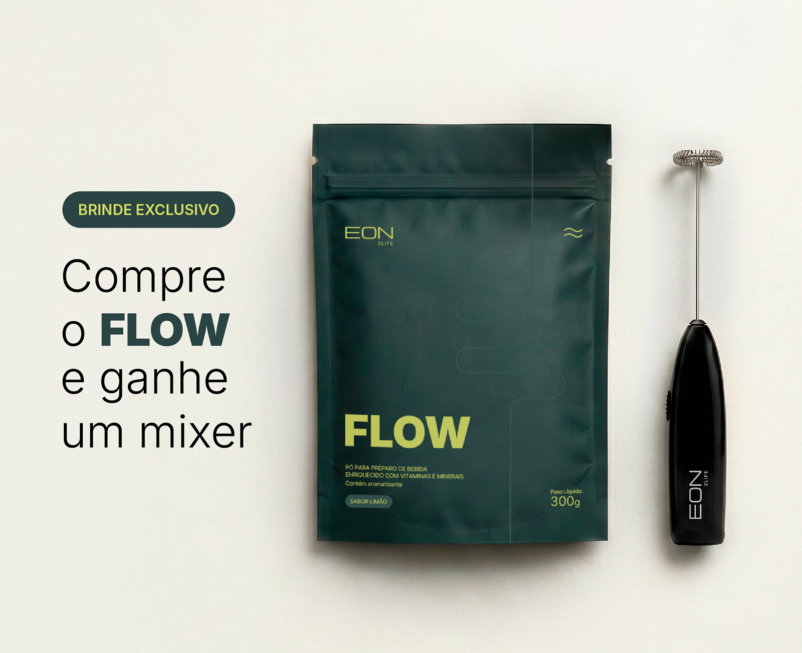 A dark green pouch of FLOW drink mix next to a small, black handheld mixer on a light background.