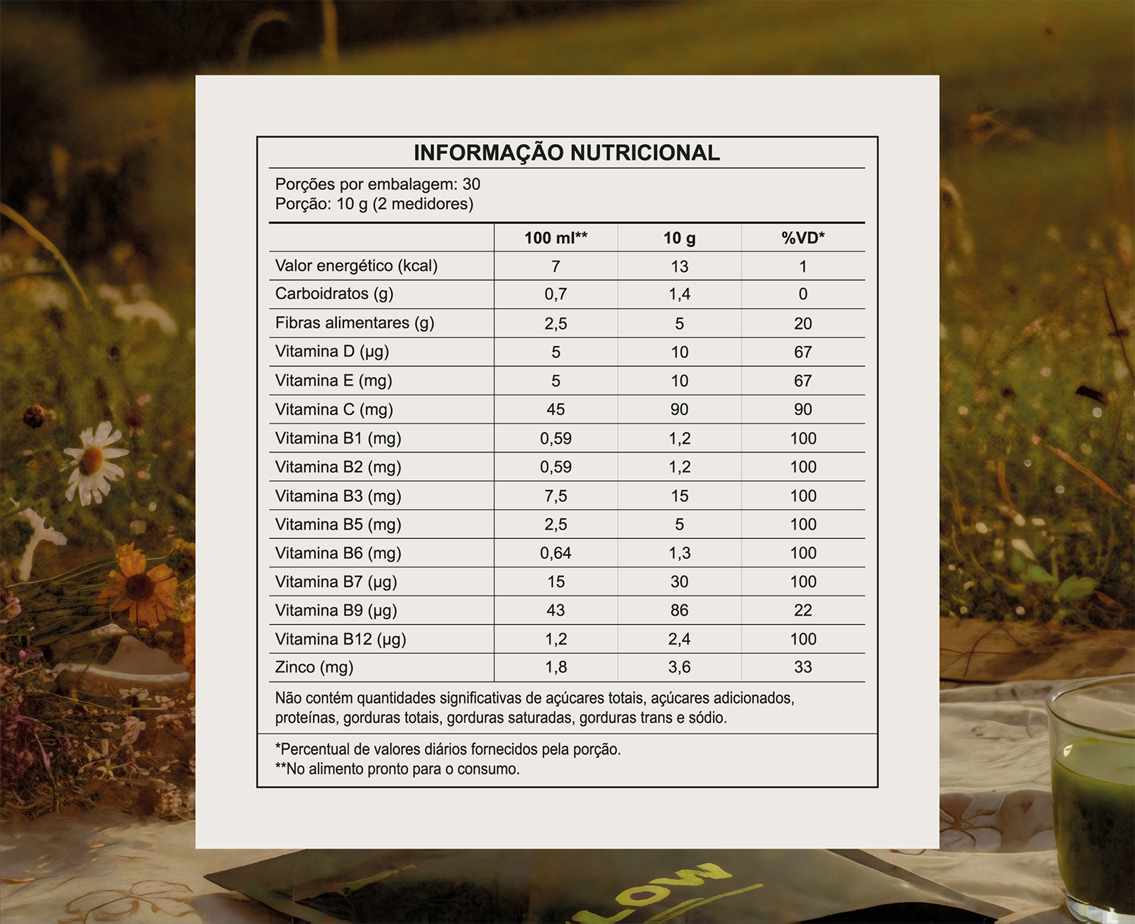 A nutrition facts label in Portuguese, with a blurred background of flowers and a green drink.