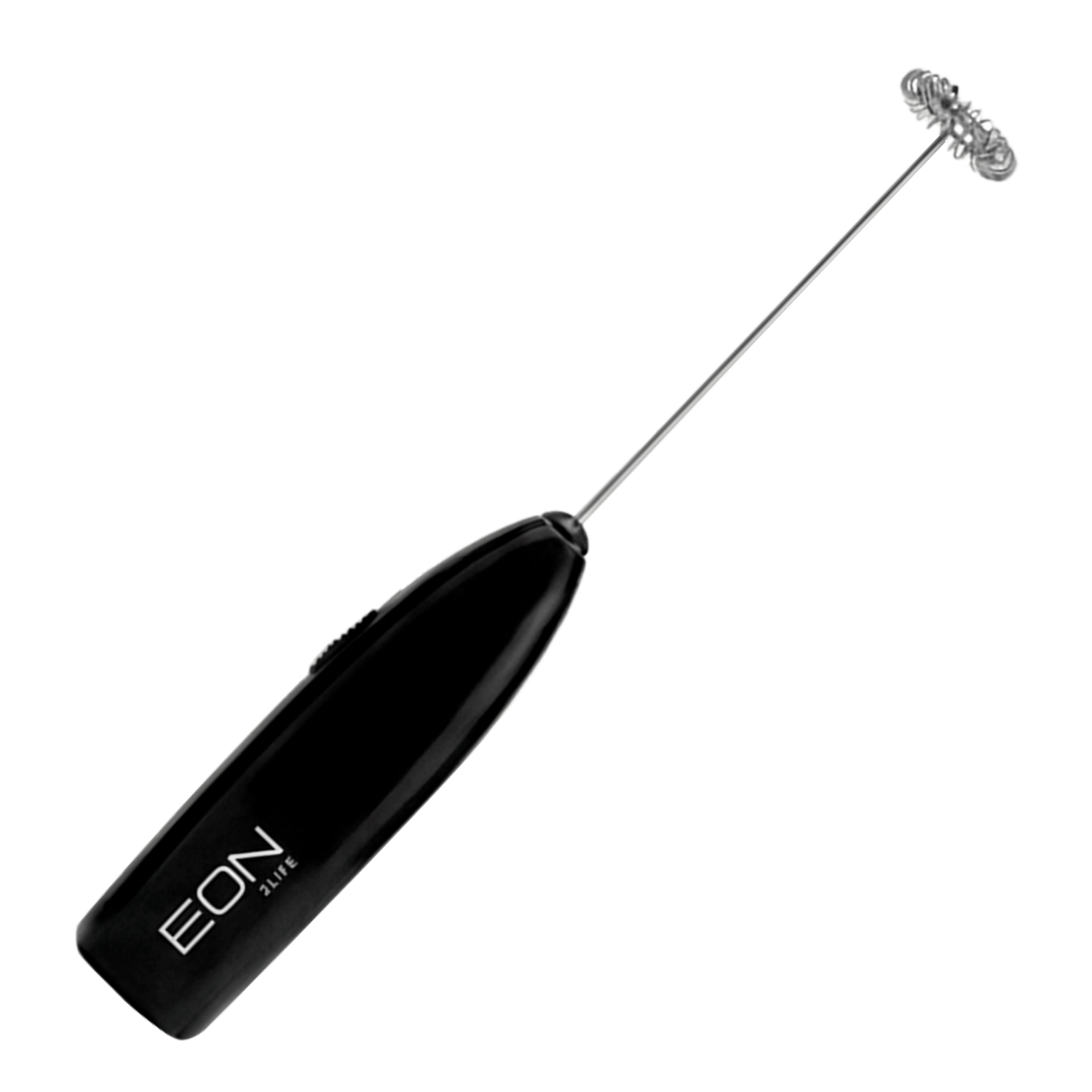 A black handheld electric milk frother with a wire whisk against a white background.