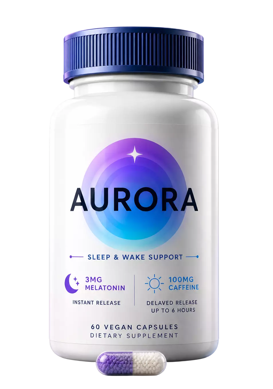A white bottle of Aurora sleep and wake support dietary supplement, with one capsule in front.