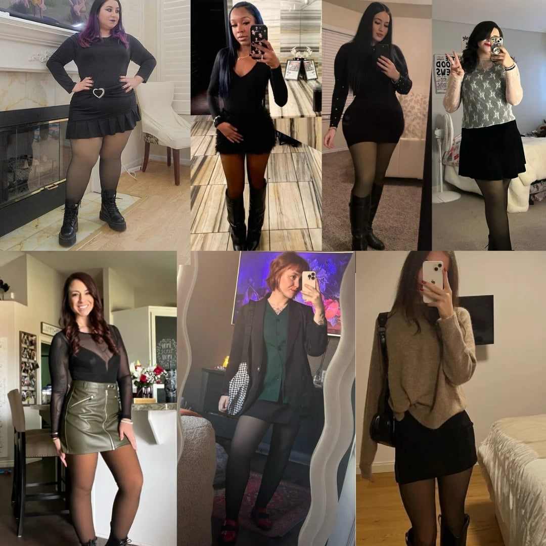 Collage of seven individuals posing in stylish outfits with skirts and tights.