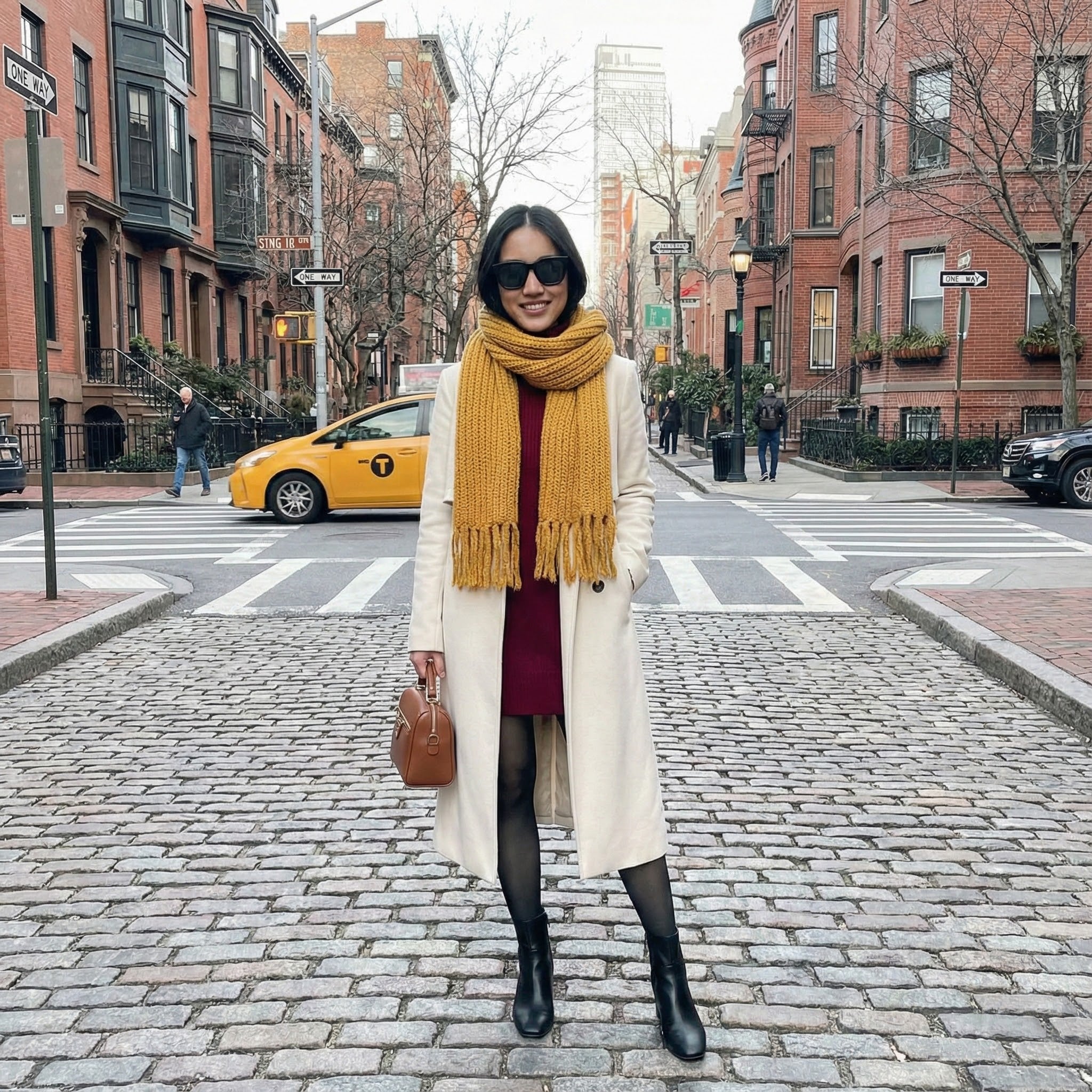 Person in a coat and scarf standing on a cobblestone street with buildings and a taxi in the background.