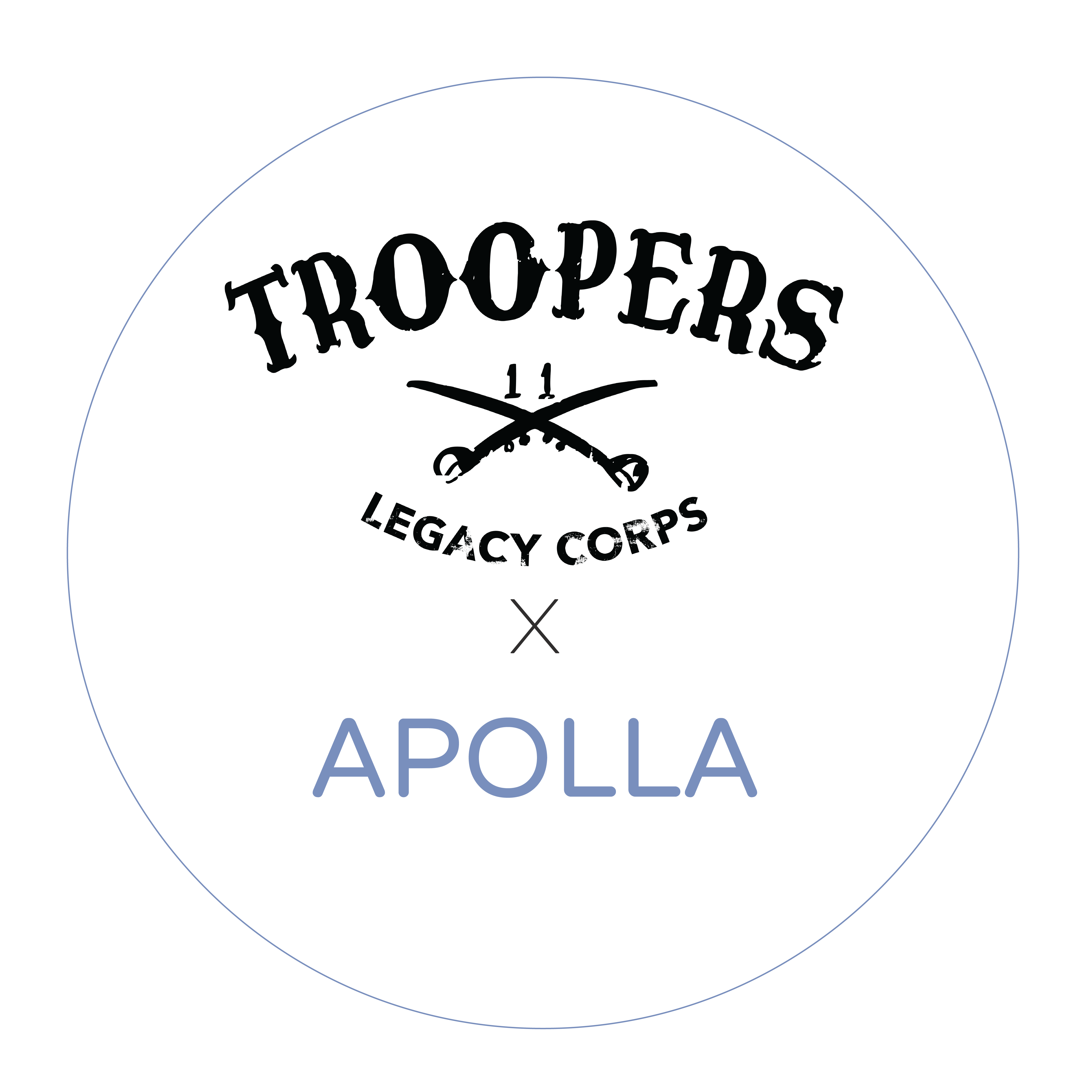 Logo with text 'Troopers Legacy Corps' and 'Apolla' on a green background.