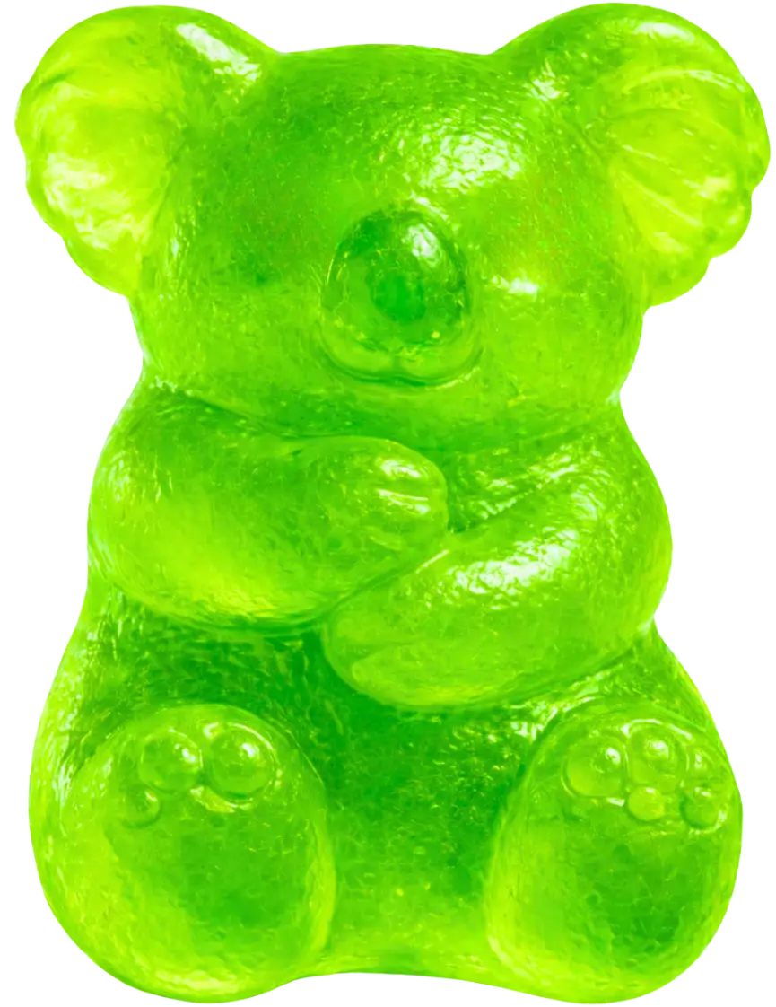 A single, translucent, bright green gummy candy shaped like a koala bear on a white background.