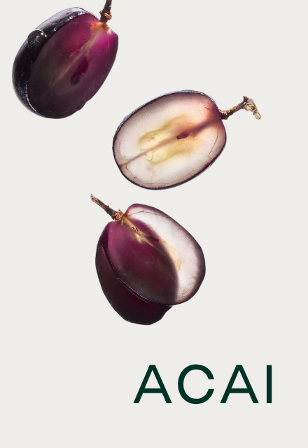 Three acai berries, sliced in half, are shown against a plain background above the word ACAI.