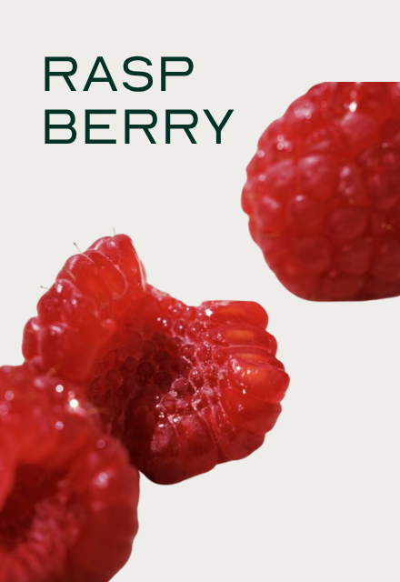 A close-up image of red raspberries on a light background with the text 'RASPBERRY'.