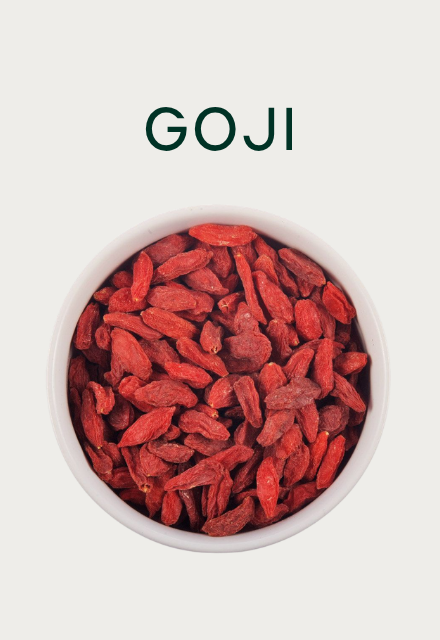 An overhead view of a white bowl filled with dried goji berries, with the word 'GOJI' above.
