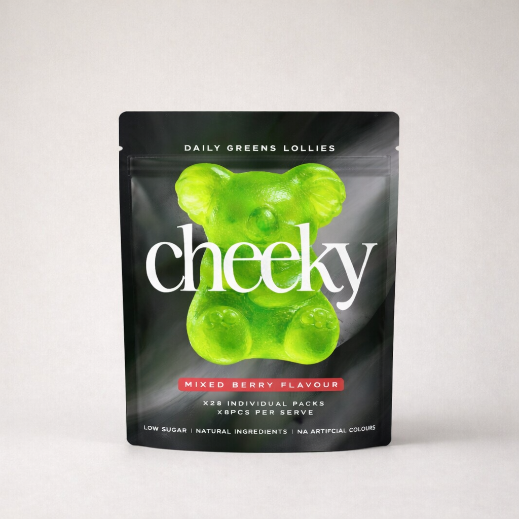A black pouch of Cheeky Daily Greens Lollies with a large, green, koala-shaped gummy on the front.