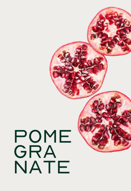 Three pomegranate halves against a light background with the word 'Pomegranate' in dark green text.