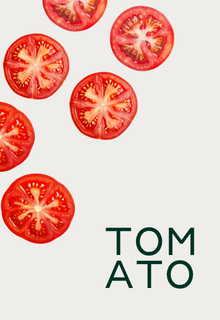 Several red tomato slices on a light background with the word TOMATO in the bottom right corner.