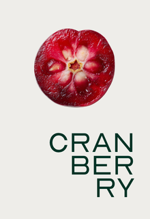 A cross-section of a cranberry shown above the word 'CRANBERRY' in stacked, dark green text.