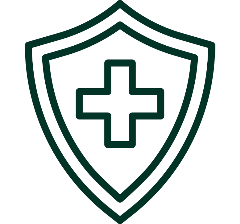 A dark green line icon of a shield with a plus sign in the center.