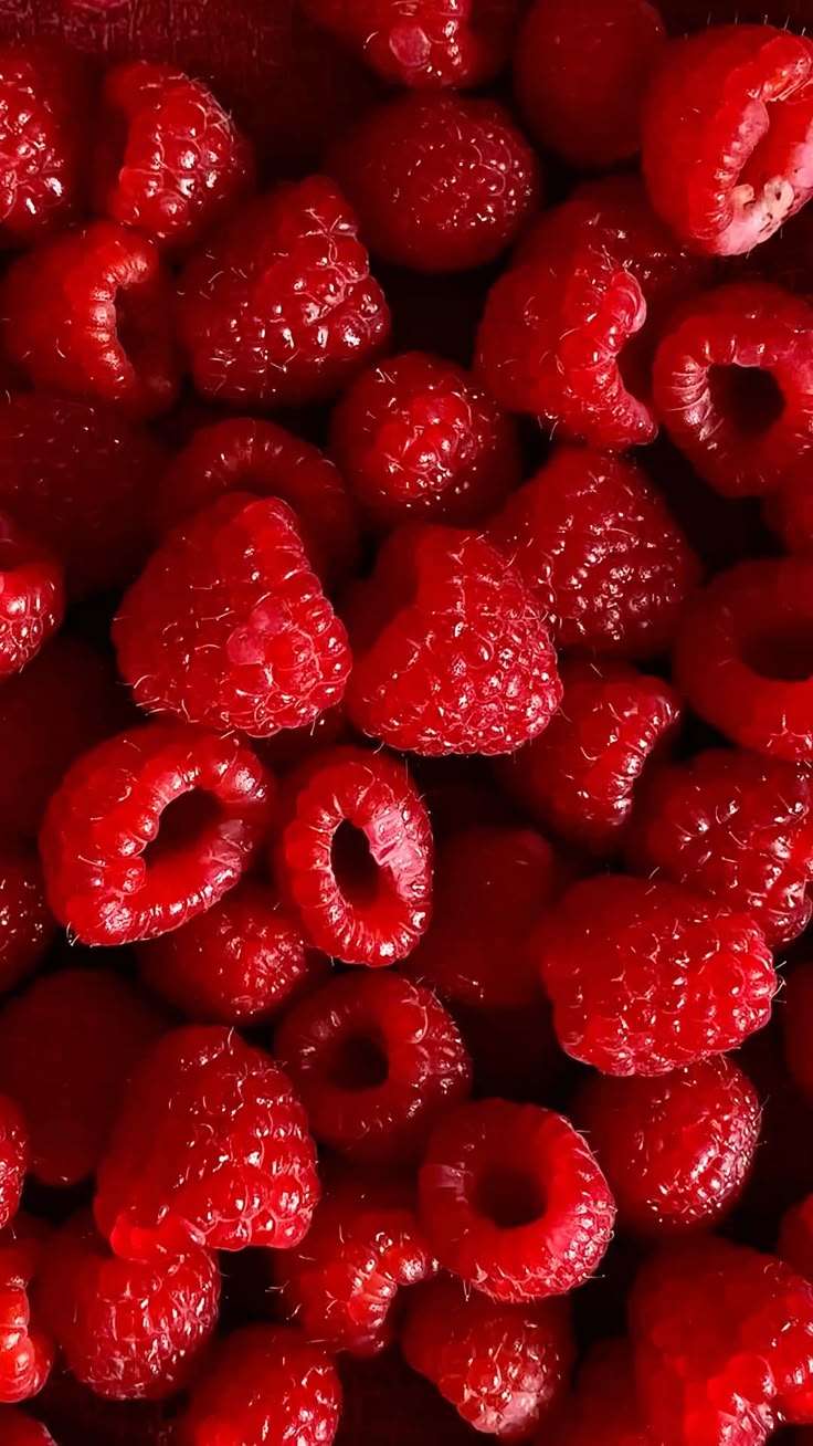 A close-up, overhead view of a pile of fresh, vibrant red raspberries.
