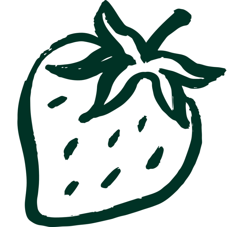 A dark green, brush-stroke style illustration of a strawberry on a white background.