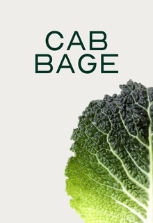 The word CABBAGE in green text over a close-up of a textured cabbage leaf.