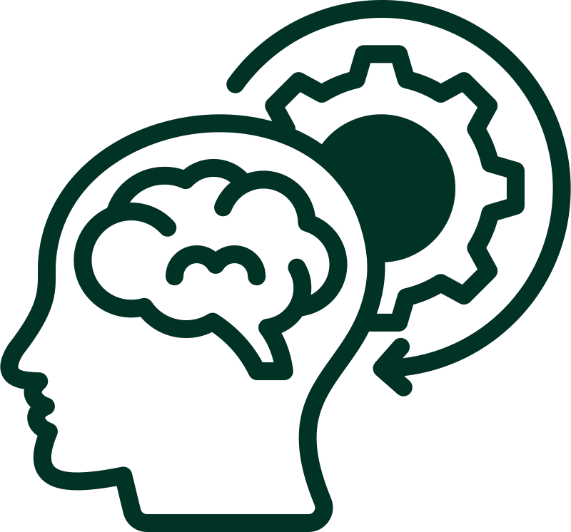 A line icon of a human head silhouette with a brain inside and a rotating gear outside.