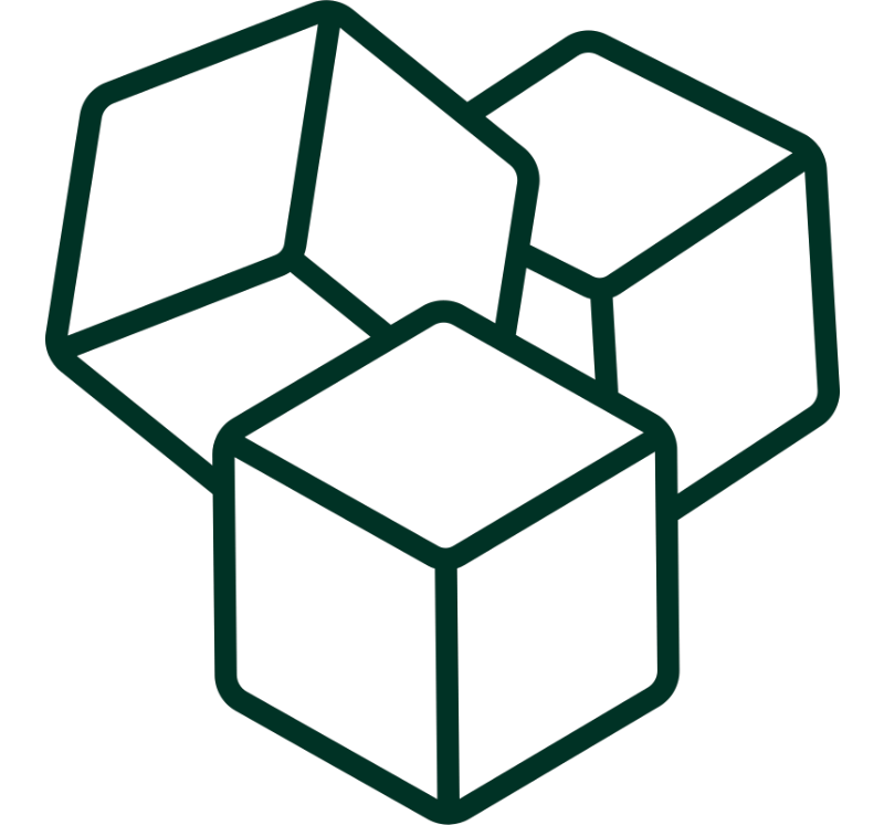 A dark green line icon of three cubes clustered together.