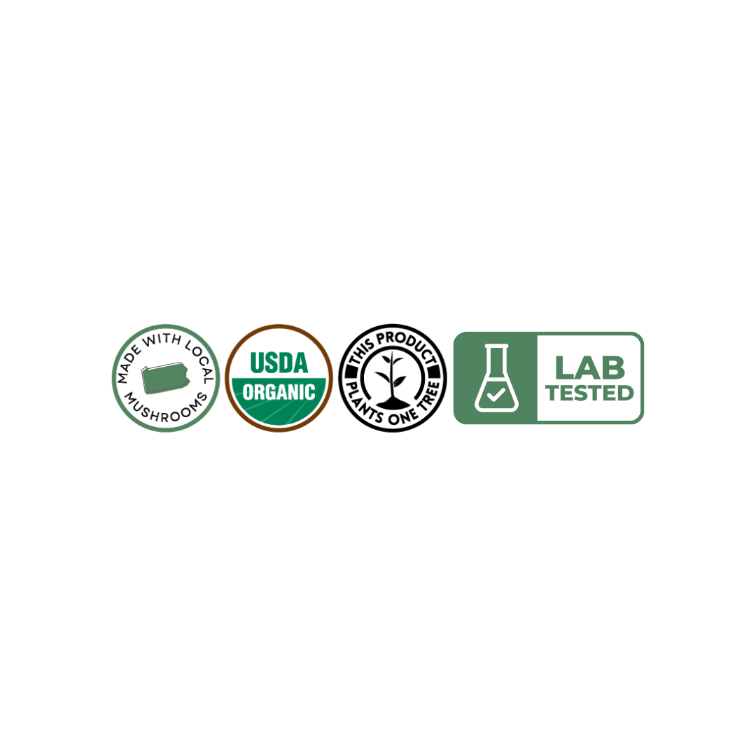 Four certification badges: Made with Local Mushrooms, USDA Organic, This Product Plants One Tree, and Lab Tested.