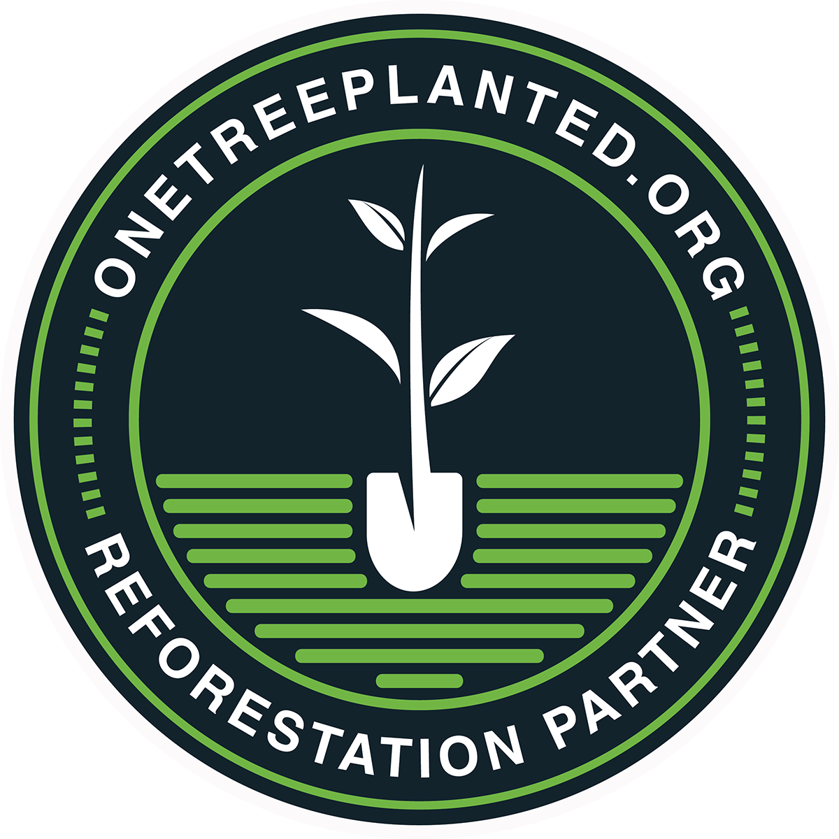 Text over an aerial view of a forest reading 'We plant 1 tree for every product sold'.