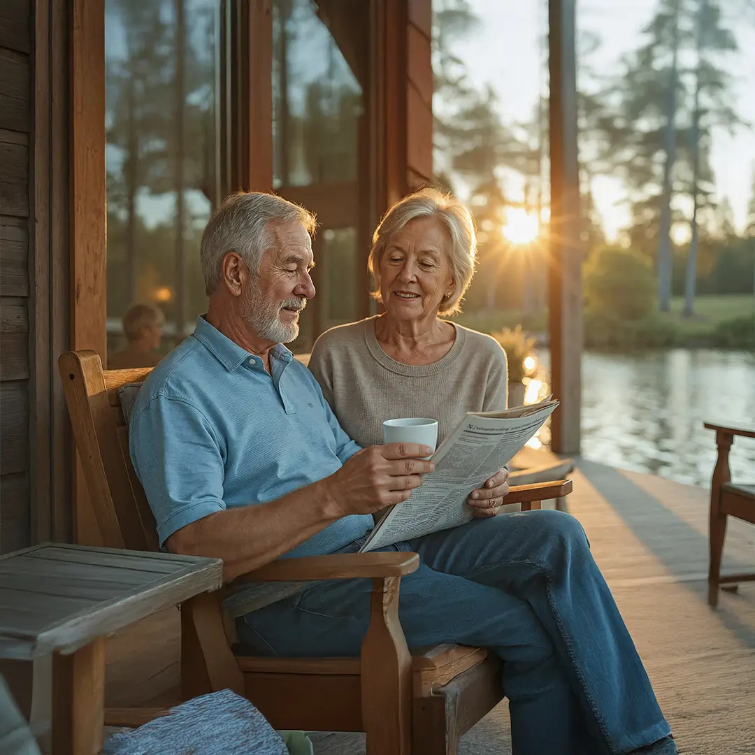 Elderly couple sitting on a porch, reading a newspaper, with a lake and sunset in the background.