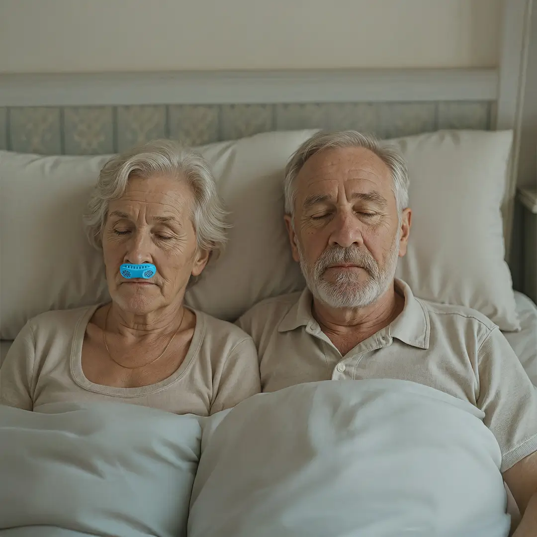 Elderly couple sleeping in bed, woman wearing a blue nasal device.