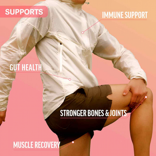 Person in athletic wear with text highlighting health benefits: immune support, gut health, muscle recovery.