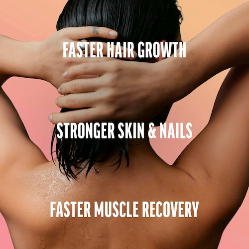 Person with wet hair, hands on head, text about hair, skin, and muscle benefits.