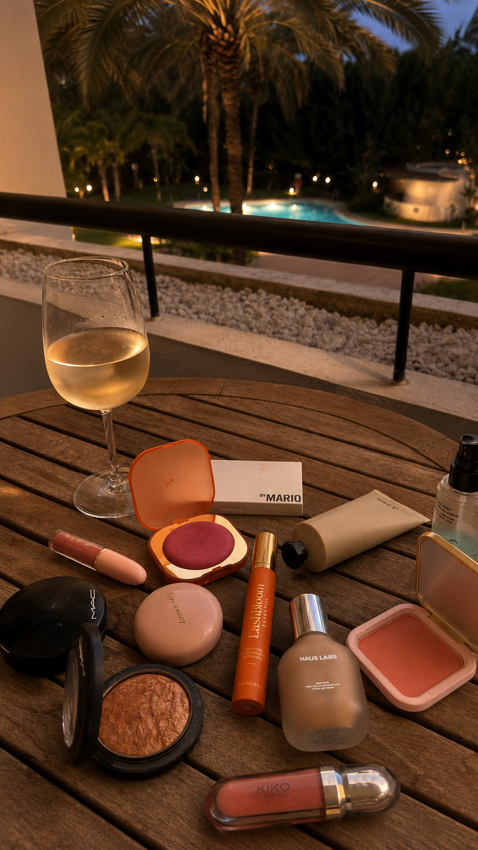 A glass of white wine and various makeup products are on a wooden table outdoors at dusk.