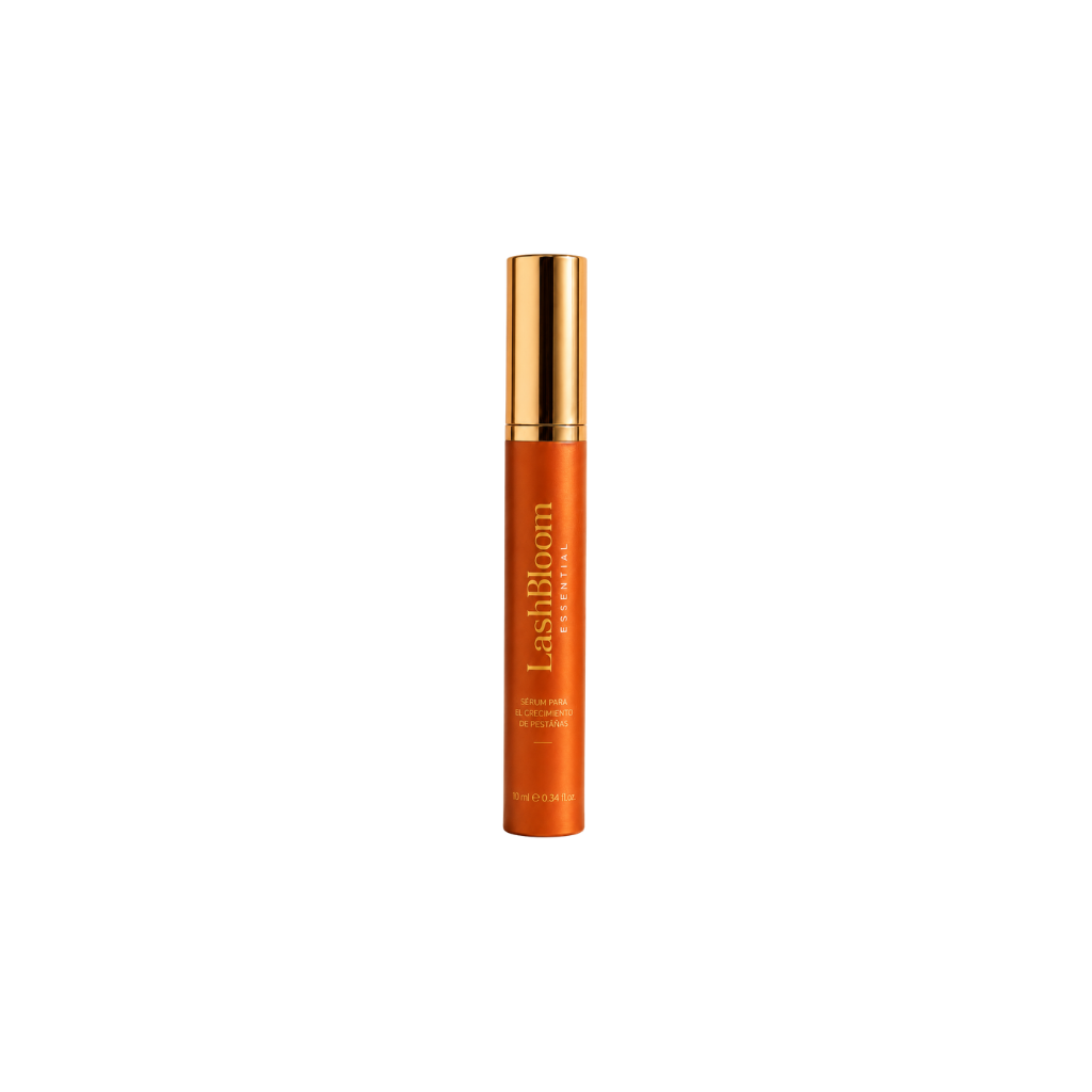 A tube of LashBloom Essential eyelash serum in an orange tube with a gold cap.