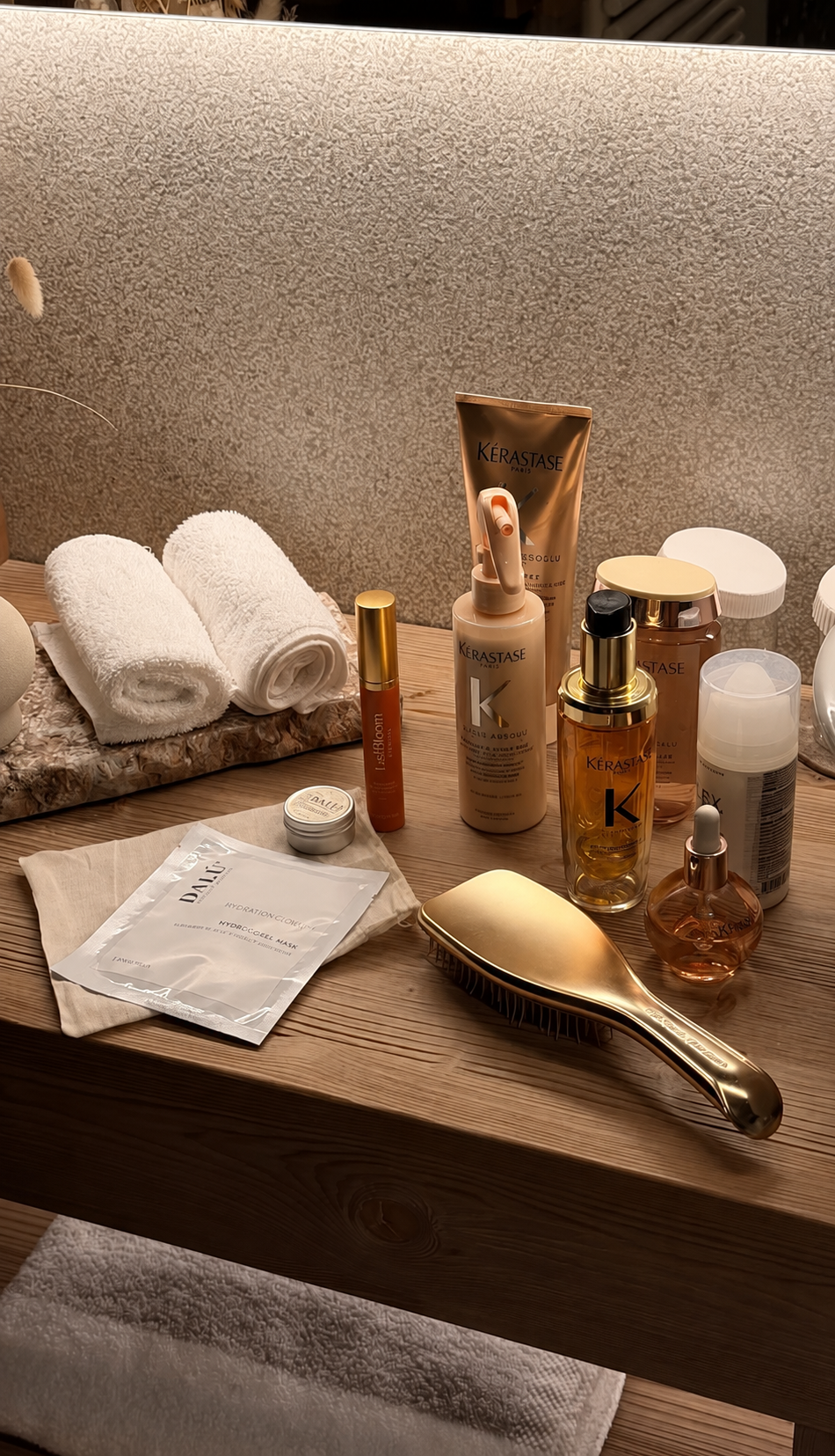 An assortment of hair and skincare products, a gold brush, and white towels on a wooden vanity.