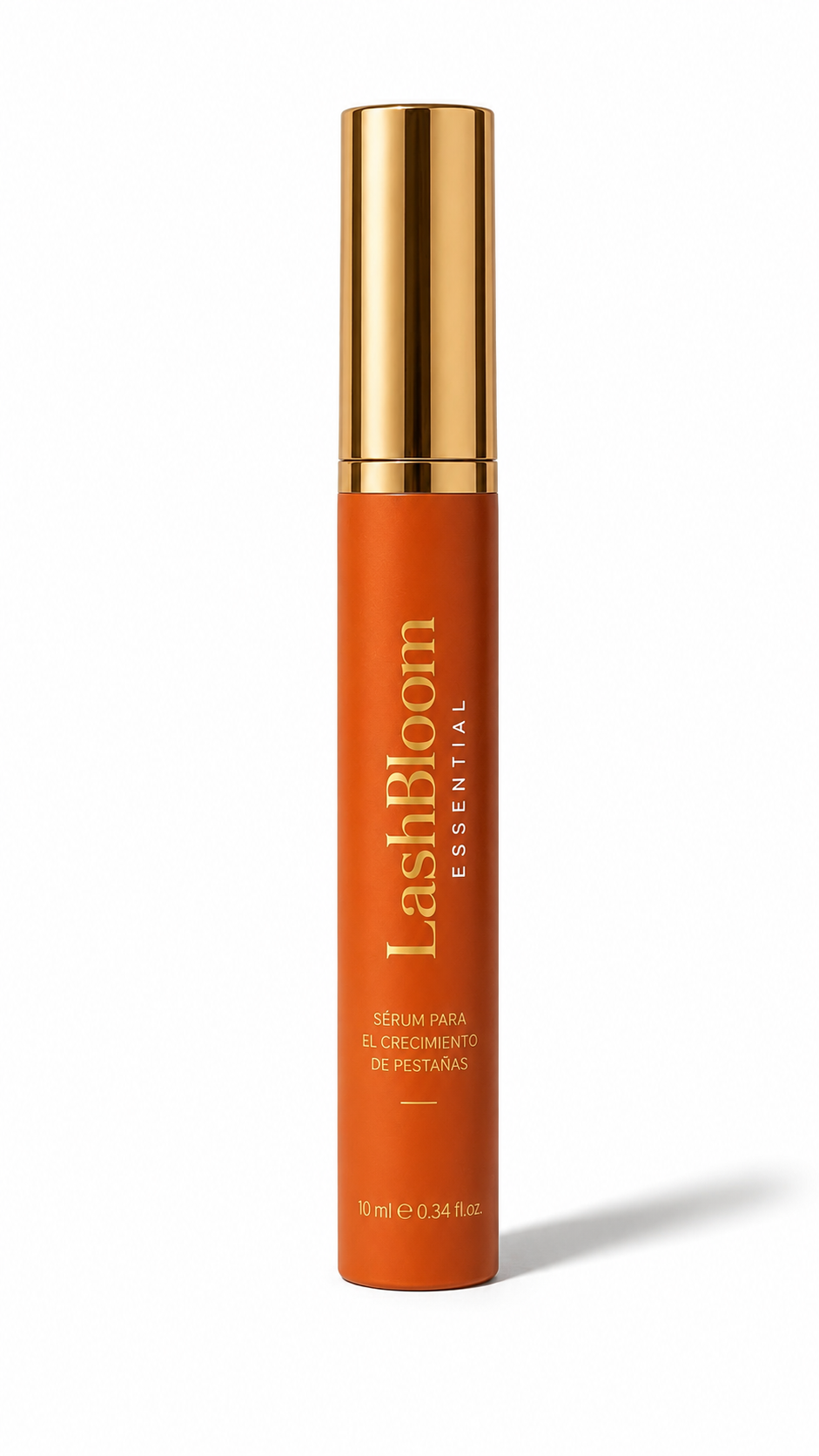 A tube of LashBloom Essential eyelash growth serum in an orange tube with a gold cap.