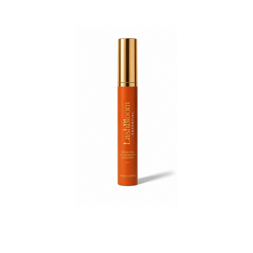 An orange tube of LashBloom Essential eyelash serum with a gold cap, on a white background.