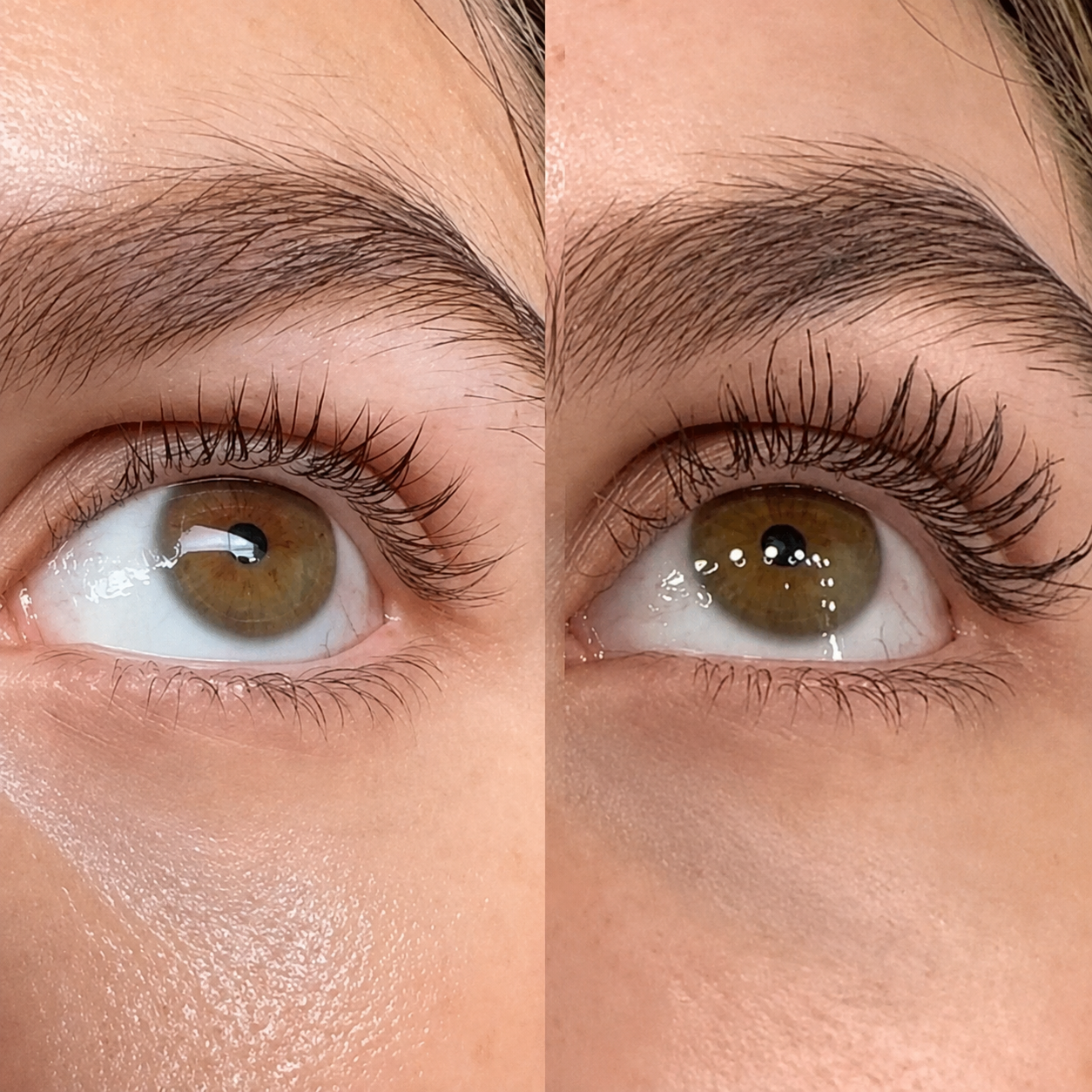 A before and after image showing a close-up of an eye with longer, darker eyelashes in the second frame.