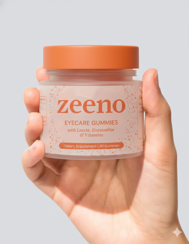 Hand holding a jar of Zeeno Eyecare Gummies.