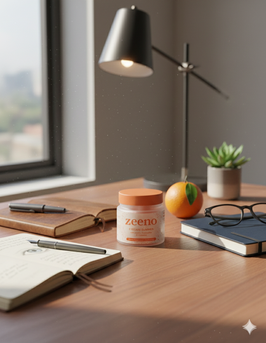 A desk with notebooks, a jar of gummies, lamp, orange, and glasses.
