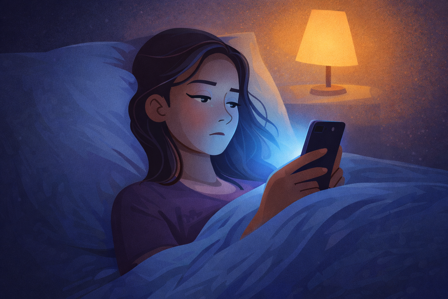 Illustration of a woman in bed at night, looking at her smartphone with a concerned expression.
