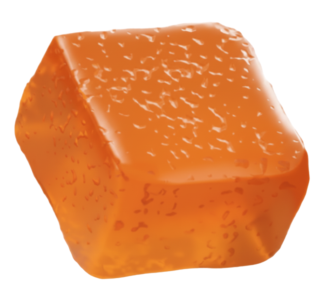 A single, glossy, orange, cube-shaped soft candy against a black background.