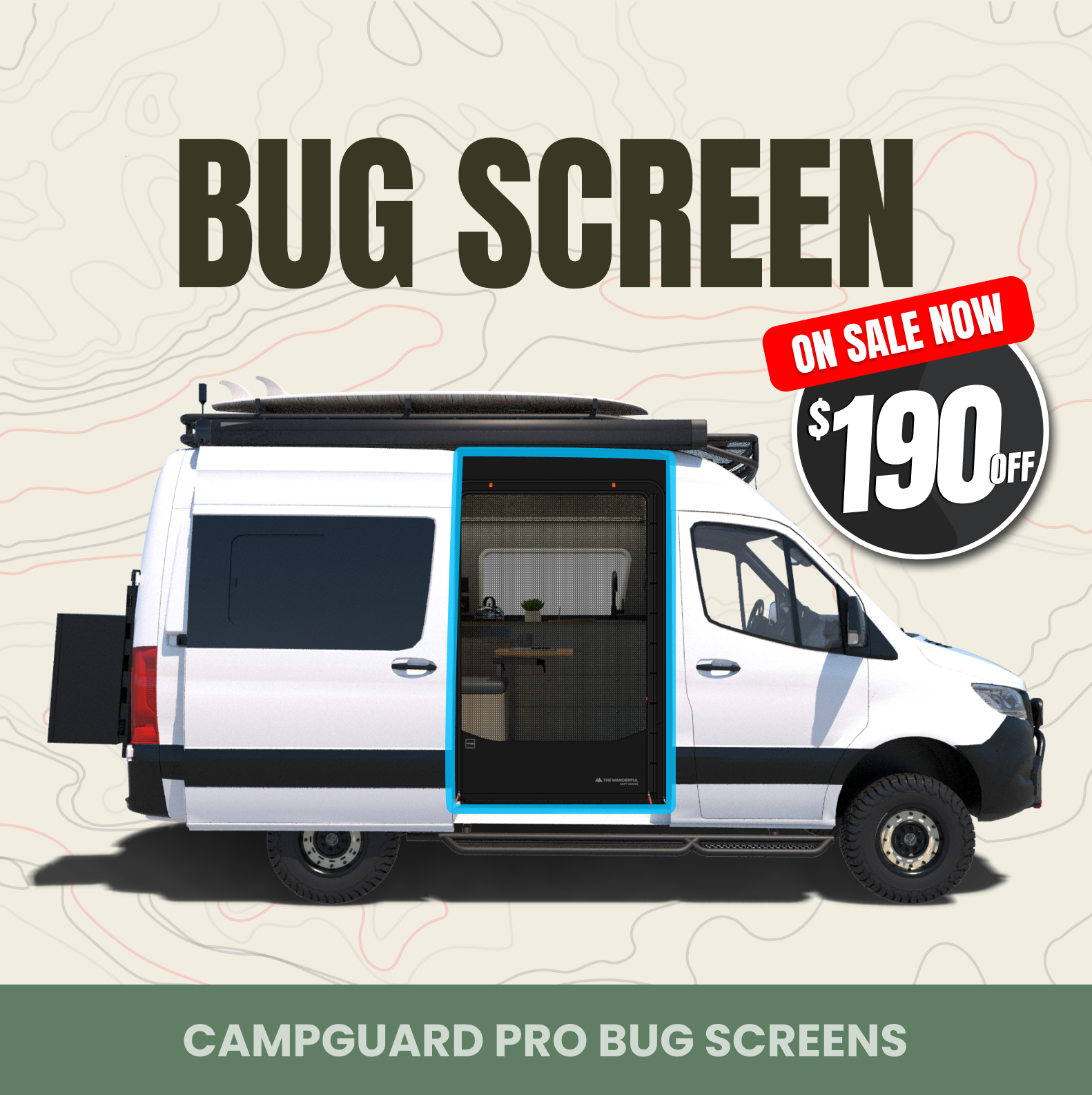 White van with bug screen, promotional text and discount offer.