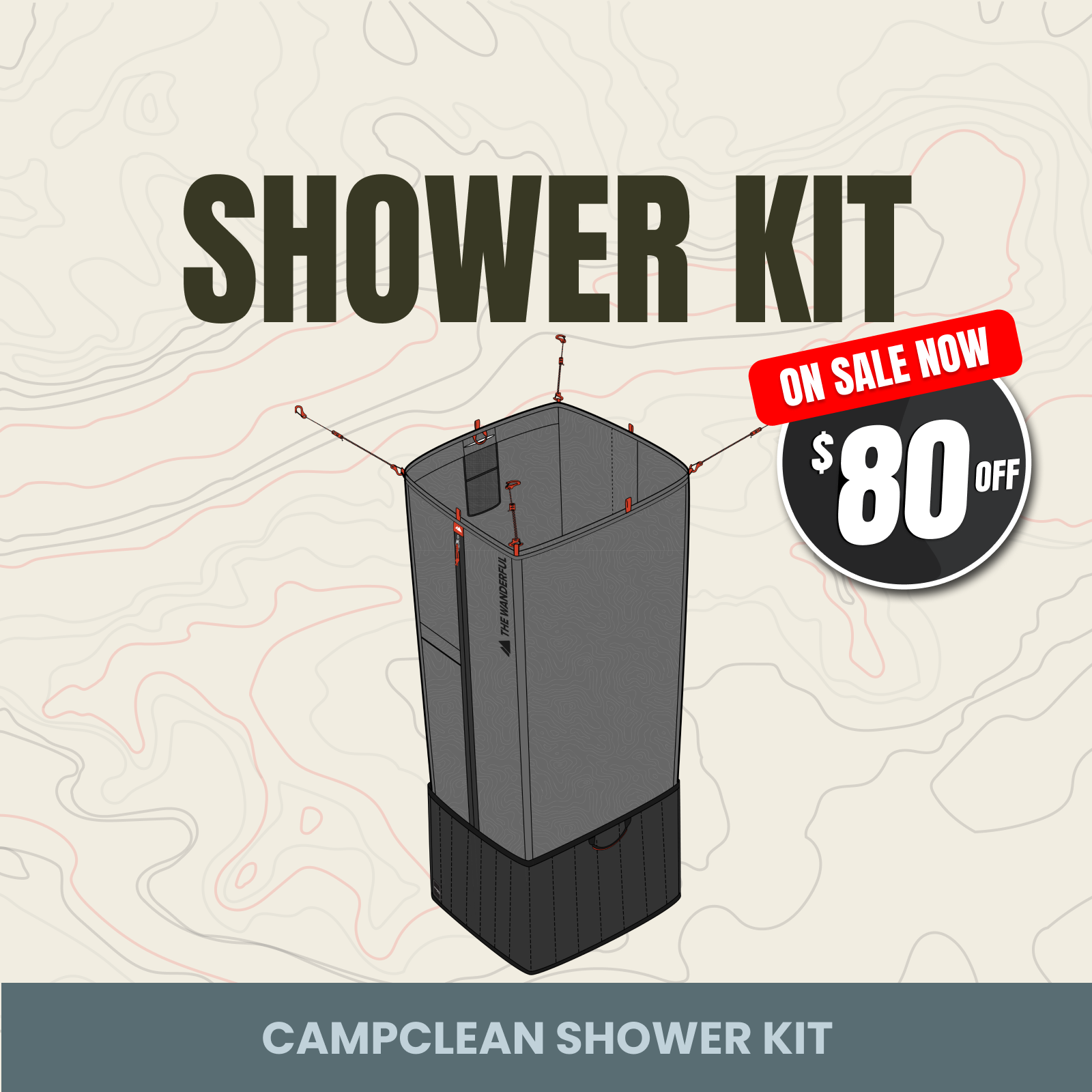 Illustration of a shower kit with sale price, $80 off.