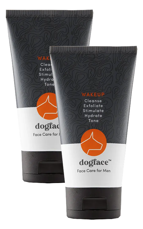 Two tubes of men's face care product labeled 'dogface' with black and orange design.