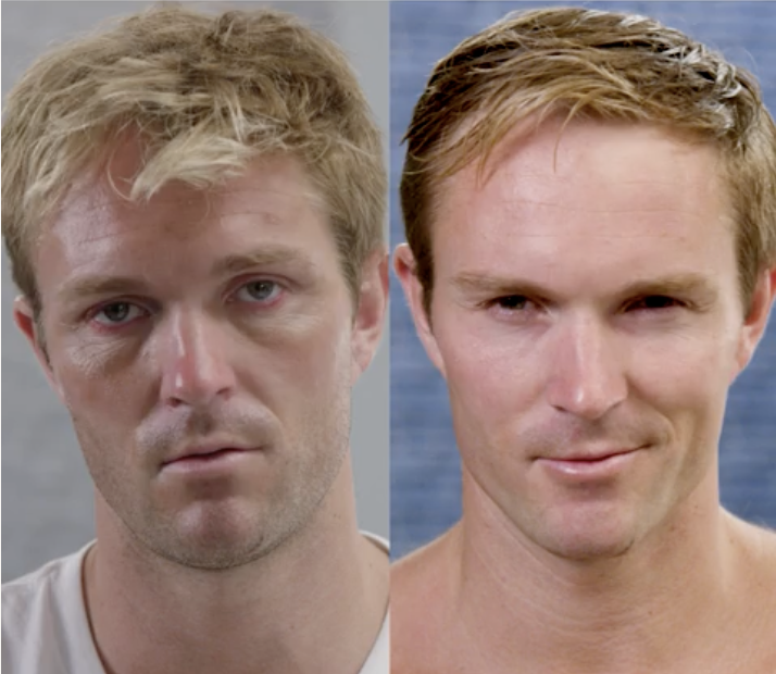 Two men with similar hairstyles, one looking serious, the other smiling slightly.
