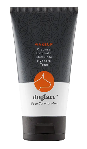 Tube of men's face care product labeled 'dogface' with black and white design.