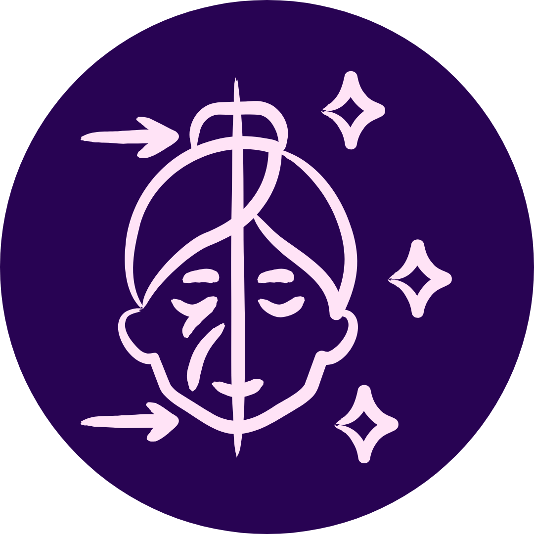 Line art of a face with arrows and sparkles on a purple background.