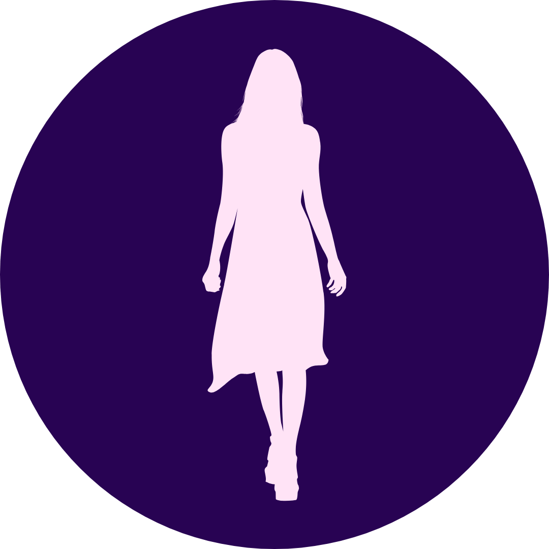 Silhouette of a person walking in a pink dress on a dark purple background.